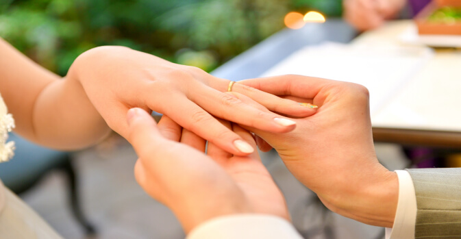 結婚式で指輪を交換している